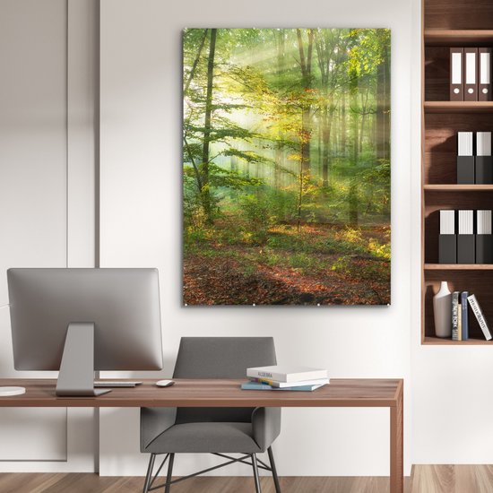 MuchoWow - Glasschilderij - Acrylglas - Zon - Bladeren - Boom - Foto op glas - Schilderij glas - 90x120 cm - Muurdecoratie glas - Glasschilderij binnen - Slaapkamer