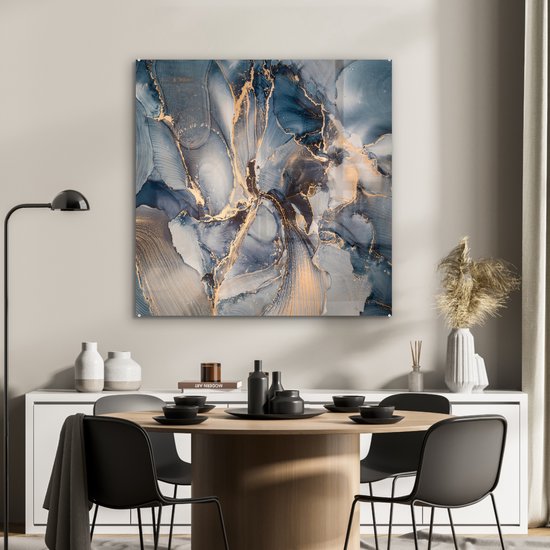 MuchoWow® Peinture sur Verre - Marbre - Grijs - Blauw - Luxe - Or - 90x90 cm - Peintures sur Verre Acrylique - Photo sur Glas