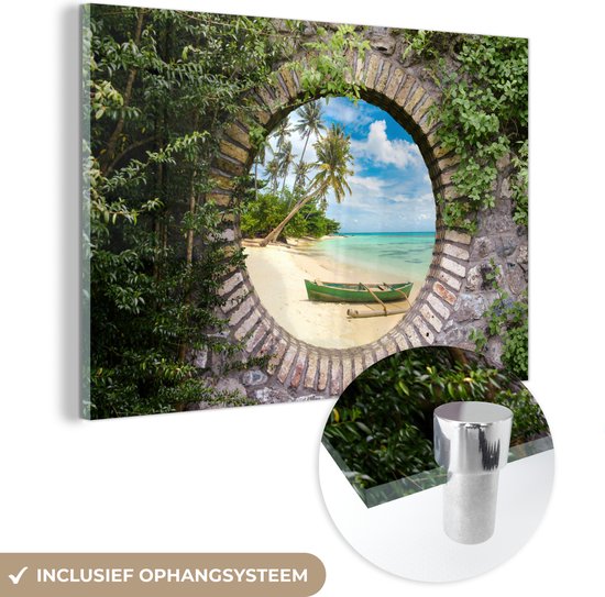 MuchoWow® Glasschilderij 120x80 cm - Schilderij acrylglas - Strand - Palmboom - Doorkijk - Kano - Foto op glas - Schilderijen