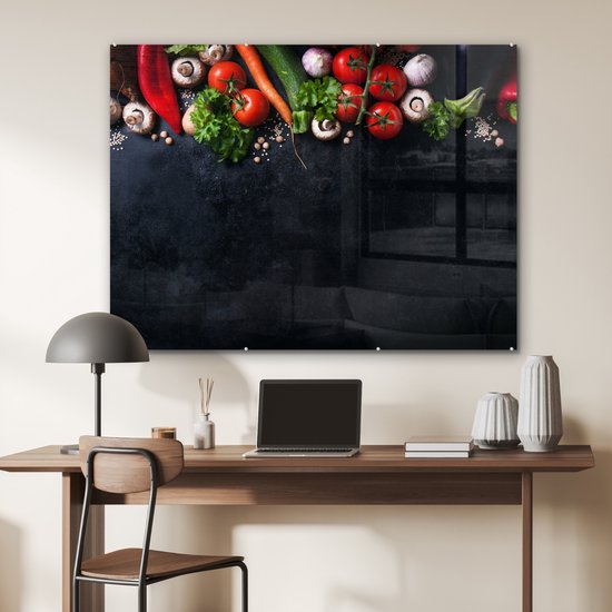 MuchoWow® Peinture sur Verre - Légumes - Herbes - Épices - Zwart - Rustique - Cuisine - 120x90 cm - Peintures sur Verre Acrylique - Photo sur Glas