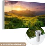 MuchoWow® Glasschilderij 160x80 cm - Schilderij acrylglas - Bergen - Zon - Natuur - Foto op glas - Schilderijen