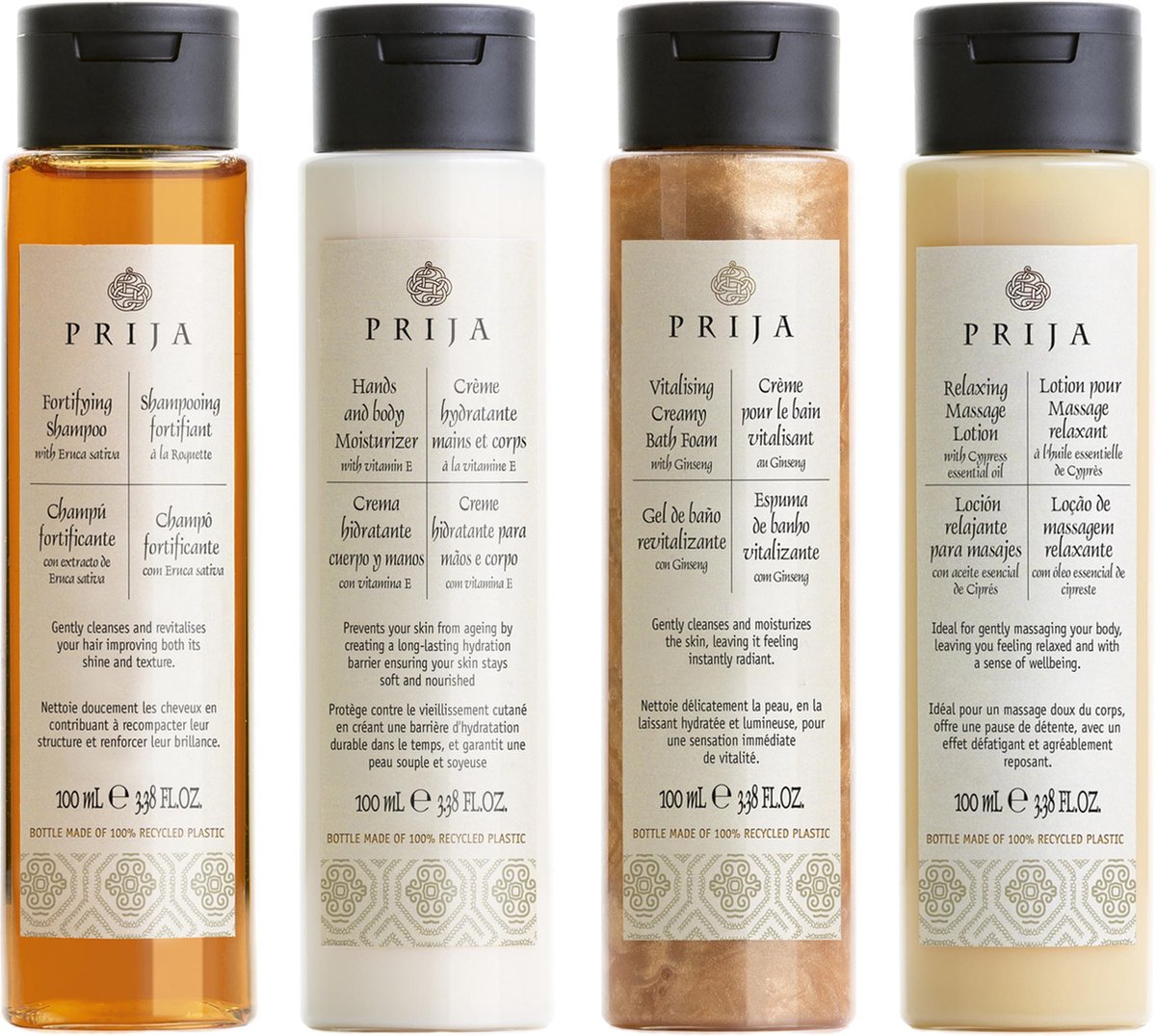 PRIJA - Cosmeticaset: haarshampoo, massagebalsem, hydraterende crème, bubbelbad 4x100ml