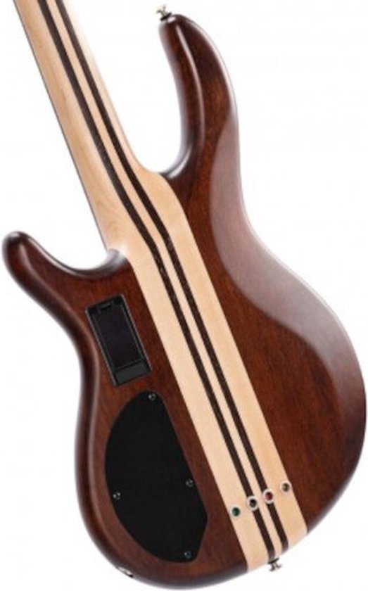 Achterkant van een basgitaar met donkerbruine body en glanzende, lichte houtstrepen op de hals.