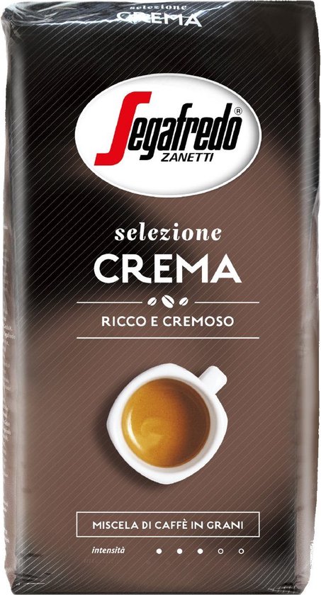 Zegafredo Selezione Crema koffieverpakking, bruin met witte tekst en een kopje koffie.