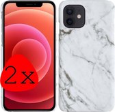 Hoes Geschikt voor iPhone 12 Hoesje Marmer Case Marmeren Cover Hoes Hardcover - Wit - 2 Stuks