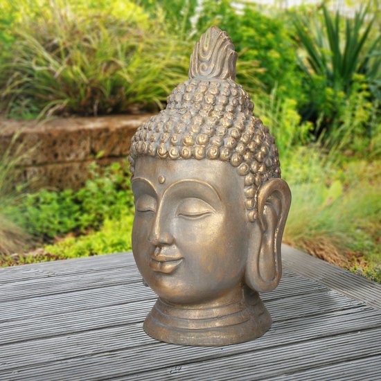 Statue tête de Bouddha 53cm en polyrésine aspect bronze pour le yoga