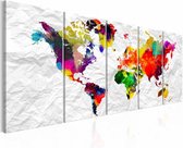 Schilderij - De wereld op Papier - Wereldkaart ,papier look ,  multi kleur , 5 luik
