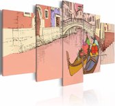 Schilderij - Gondels, Venetië , roze geel , 5 luik