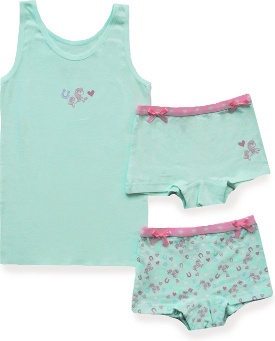 Mintgroen hemd met paardjesprint en bijpassende mintgroene shorts met strikjes, met paardjes en hartjesprint.