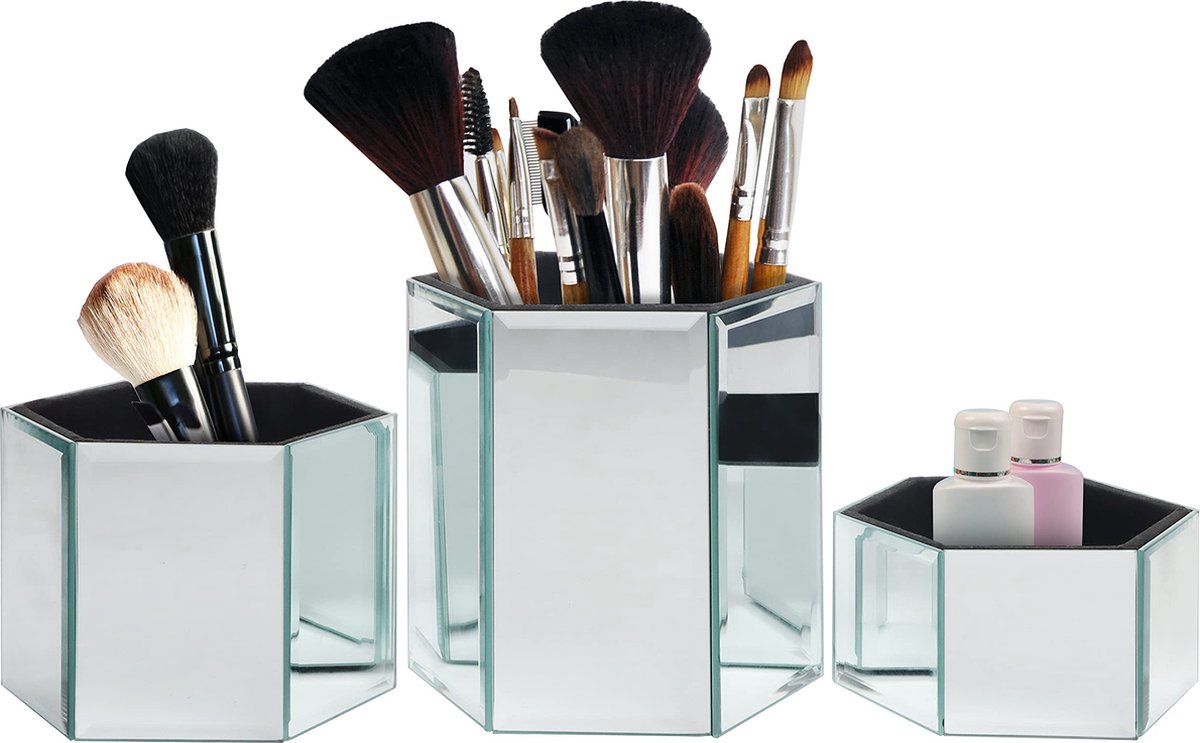Kurtzy Set van 3 Gespiegelde Hexagonale Make-Up & Cosmetische Borstel Houder – Small, Medium & Large Zilveren Potten – Huis & Badkamer Schoonheidsunit Opslag Organiser – Praktisch Moderne Pennenbak