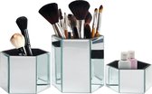 Set de 3 porte-pinceaux hexagonaux miroir pour maquillage et cosmétiques – Petits, Medium et grands pots argentés – Organisateur de rangement pour unité de beauté pour la maison et la salle de bain – Boîte à crayons moderne et pratique