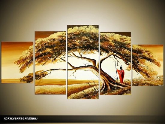 Schilderij -  Natuur - Bruin, Geel - 150x70cm 5Luik - GroepArt - Handgeschilderd Schilderij - Canvas Schilderij - Wanddecoratie - Woonkamer - Slaapkamer - Geschilderd Door Onze Kunstenaars 2000+Collectie Maatwerk Mogelijk