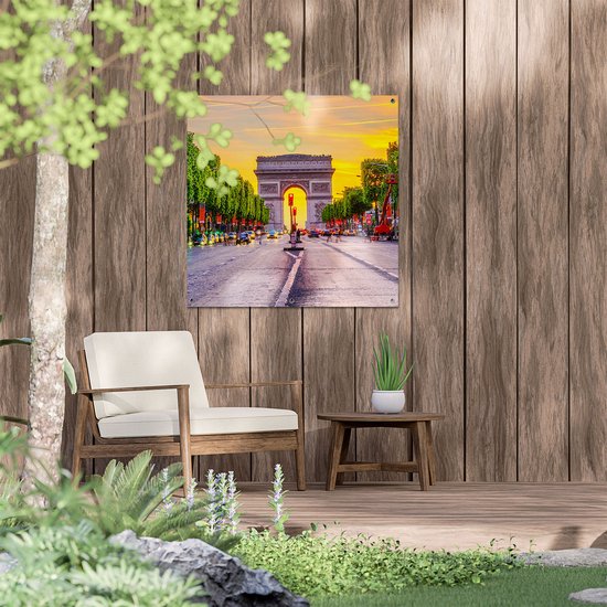 Gards Tuinposter Arc de Triomphe in Parijs vanaf de Straat - 80x80 cm - Tuindoek - Tuindecoratie - Wanddecoratie buiten - Tuinschilderij