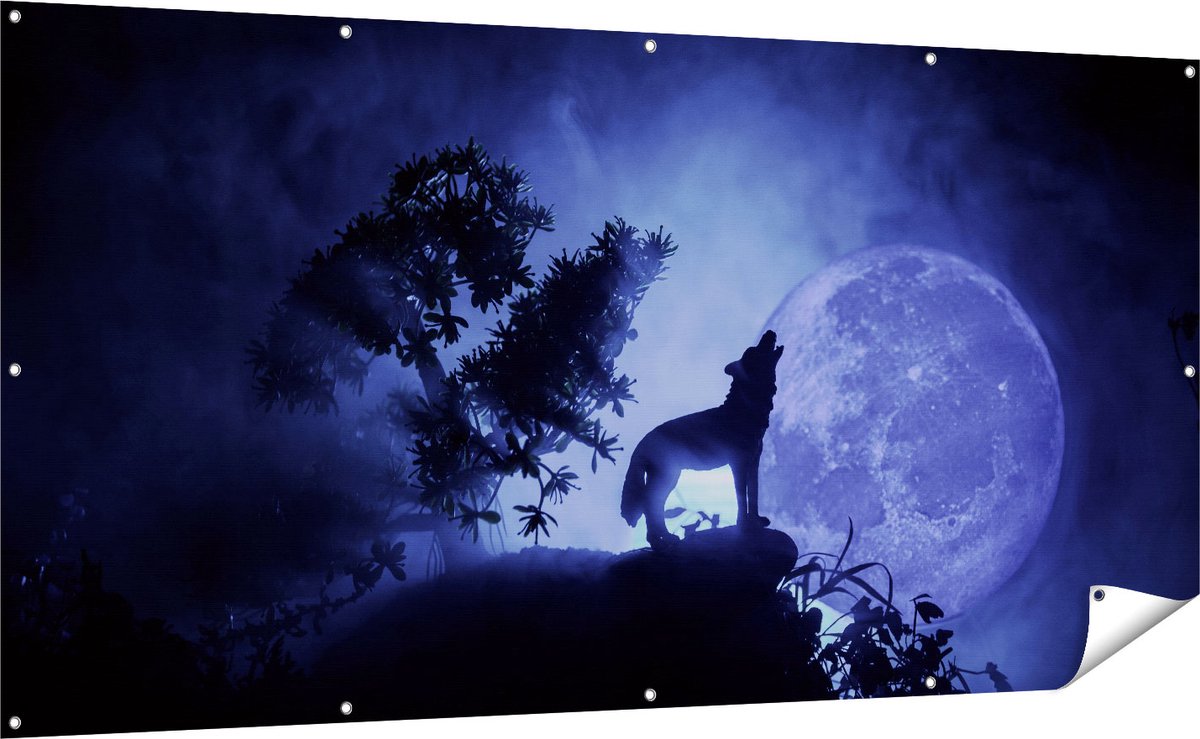 Gards Tuinposter Huilende Wolf in Silhouet bij Volle Maan - 200x100 cm - Tuindoek - Tuindecoratie - Wanddecoratie buiten - Tuinschilderij Multikleur