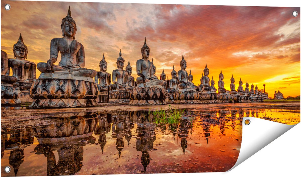 Gards Tuinposter Boeddha Beelden tijdens Zonsondergang - 100x50 cm - Tuindoek - Tuindecoratie - Wanddecoratie buiten - Tuinschilderij Multikleur