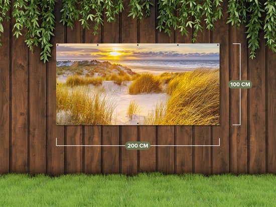 Gards Tuinposter Strand en Duinen tijdens Zonsondergang - 200x100 cm - Tuindoek - Tuindecoratie - Wanddecoratie buiten - Tuinschilderij