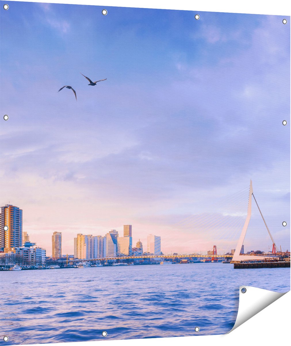 Gards Tuinposter Rotterdamse Skyline aan het Water - 110x110 cm - Tuindoek - Tuindecoratie - Wanddecoratie buiten - Tuinschilderij Multikleur
