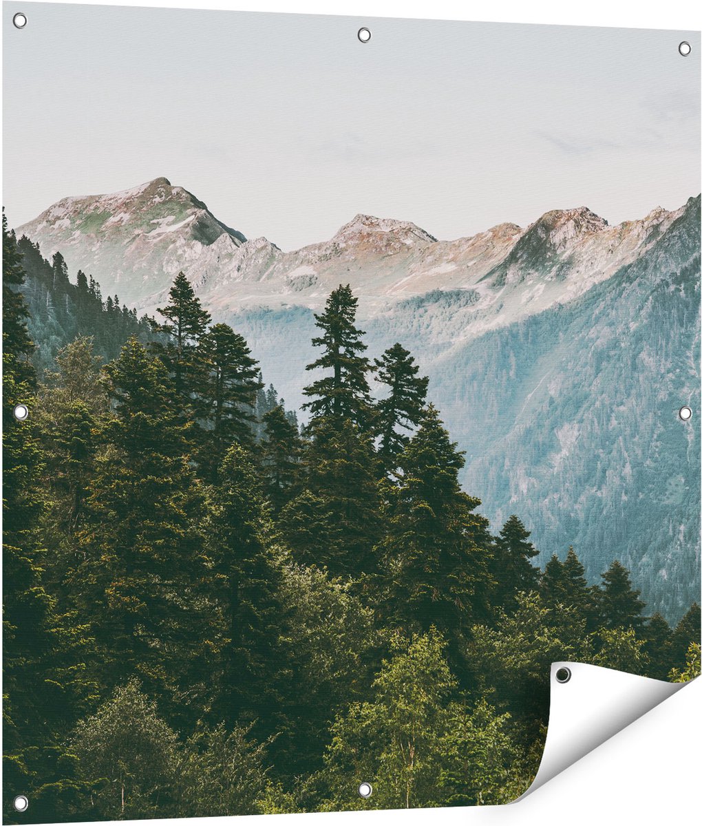 Gards Tuinposter Bos met Bomen in de Bergen - 90x90 cm - Tuindoek - Tuindecoratie - Wanddecoratie buiten - Tuinschilderij Multikleur