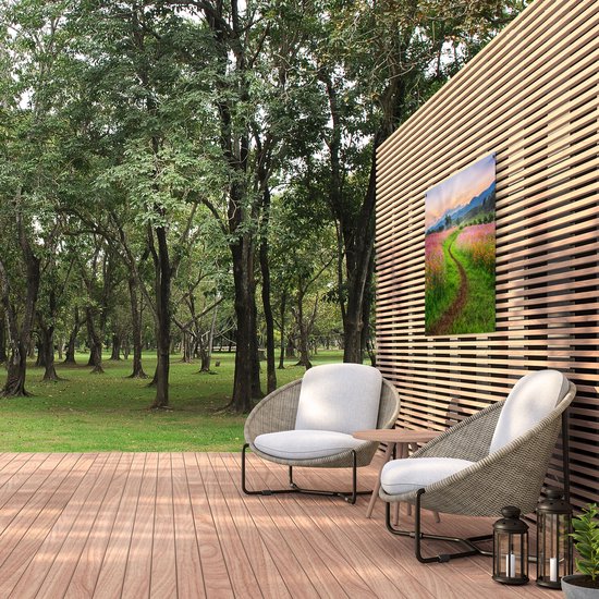 Gards Poster de jardin Kosmos Champ de fleurs avec allée - Fleurs - 100x80 cm - Toile de jardin - Décoration de jardin - Décoration murale extérieure - Peinture de jardin