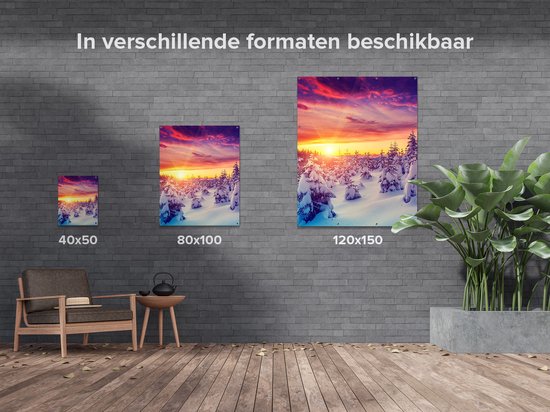 Gards Tuinposter Zonsondergang in het Sneeuw Bos - 120x150 cm - Tuindoek - Tuindecoratie - Wanddecoratie buiten - Tuinschilderij