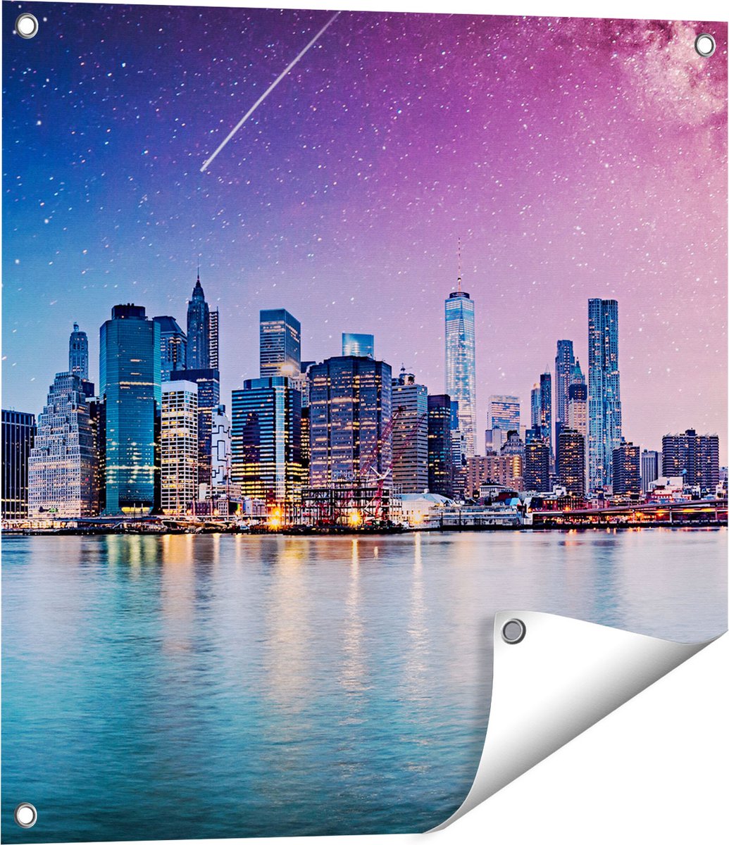 Gards Tuinposter New York Skyline met een Kleurrijke Hemel - 60x60 cm - Tuindoek - Tuindecoratie - Wanddecoratie buiten - Tuinschilderij Multikleur