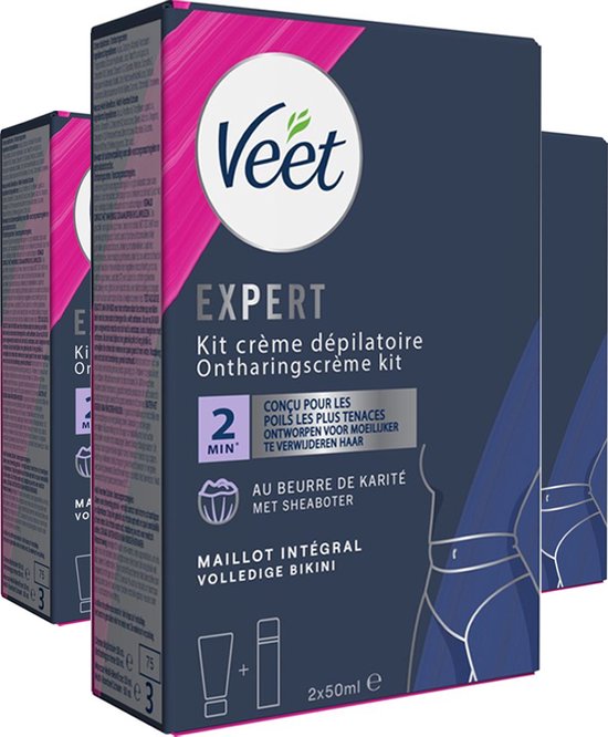 Drie dozen Veet Expert ontharingscrème kit voor de volledige bikinilijn met sheaboter. Beschikt over een paarse en donkerblauwe verpakking.