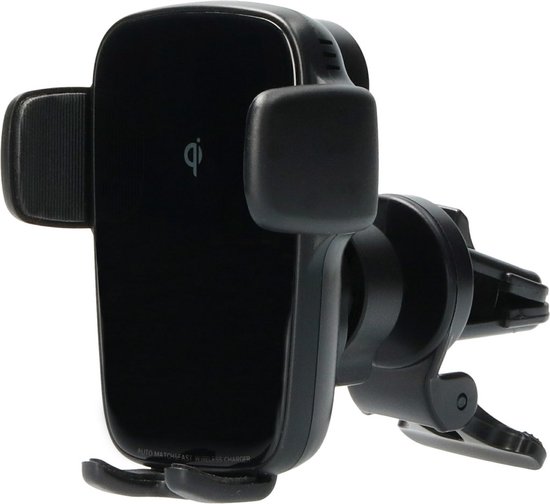 Zwarte draadloze Qi snellader telefoonhouder, met 'QI' logo en ventilatorklem.