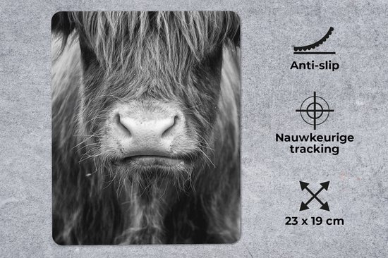 Muismat 19x23 cm - Mousepad Schotse hooglander - Koe - Zwart - Wit - Dieren - Muismatten