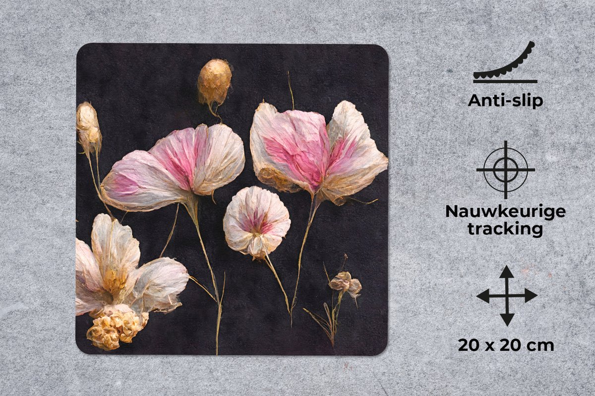 Muismat 20x20 cm - Mousepad Bloemen - Planten - Roze - Zwart - Muismatten