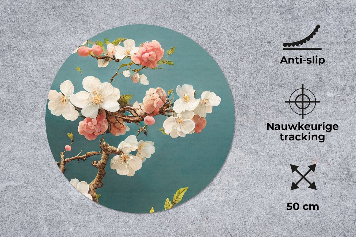 Muismat rond 50x50 cm - Mousepad Bloemen - Bloesem - Kersen - Tak - Wit - Ronde muismatten