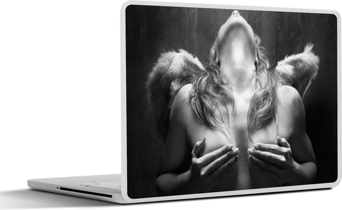 Laptop sticker - 15.6 inch - Vrouw - Engel - Veren - Portret - Zwart wit - 36x27,5cm - Laptopstickers - Laptop skin - Cover