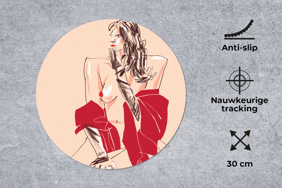 Muismat rond 30x30 cm - Mousepad Vrouw - Portret - Pastel - Rood - Ronde muismatten