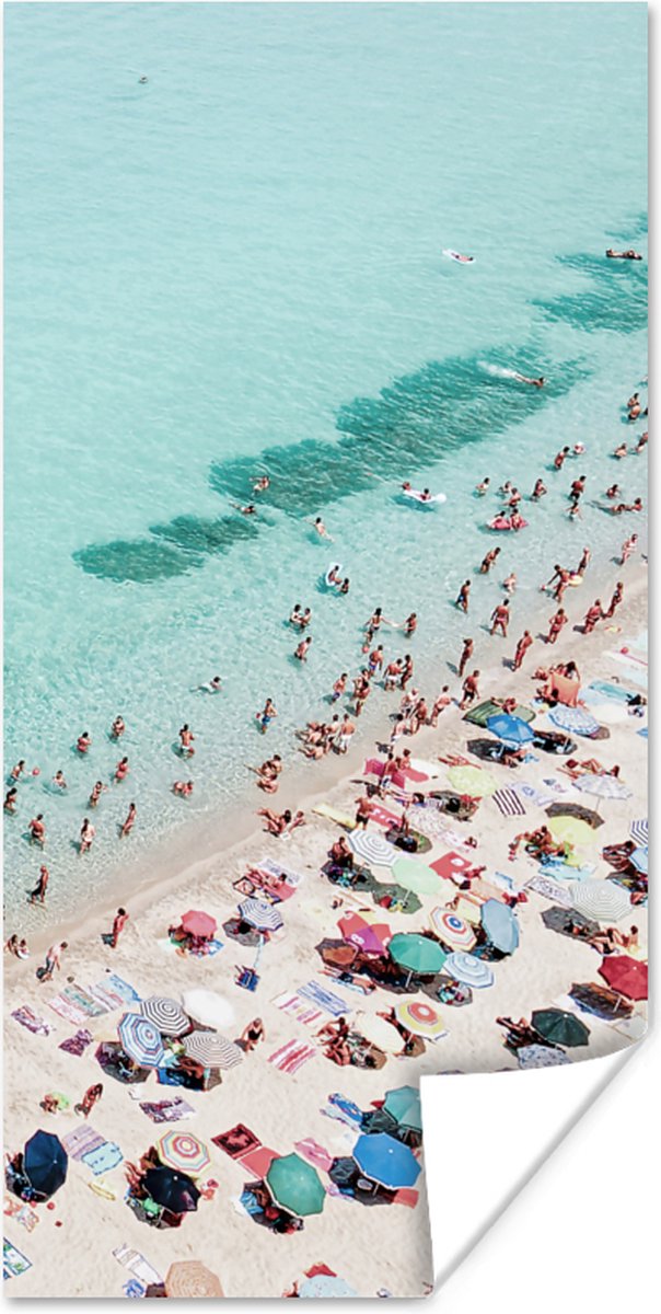 Poster Zee - Strand - Parasols - Blauw - Zomer - 80x160 cm