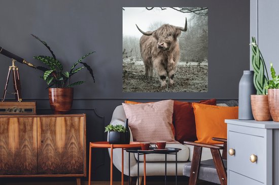 Muurstickers - Sticker Folie - Schotse Hooglander - Bos - Mist - Koe - Dieren - Natuur - 80x80 cm - Plakfolie - Muurstickers Kinderkamer - Zelfklevend Behang - Zelfklevend behangpapier - Stickerfolie