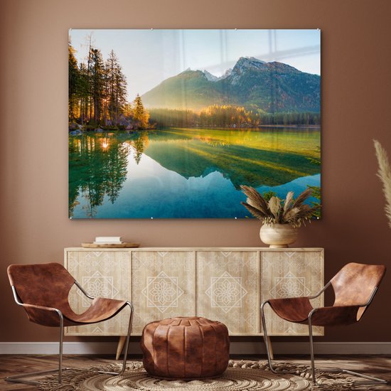 Peinture sur verre - Plaque acrylique - Lac - Water - Vert - Montagnes - Arbre - Décoration murale - Peinture sur verre - Verre acrylique - Photo sur verre - 160x120 cm - Peinture sur verre nature - Décoration murale