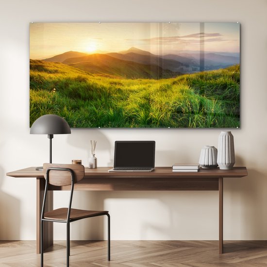 MuchoWow - Peinture sur verre - Herbe - Montagnes - Soleil - Nature - Photo sur verre - Décoration murale - Peinture sur verre - 160x80 cm - Verre acrylique - Décoration murale - Peinture sur verre nature