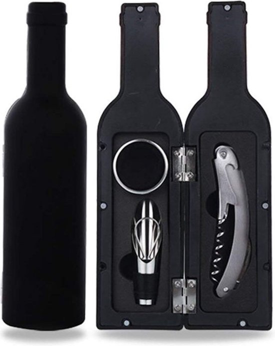 Foto: 4 delige luxe wijnset in wijnfles vorm wijn fles accessoires set wine tools wijn kurken trekker in luxe fles opbergbox cadeau set