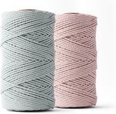 Ledent macramé touw, (3mm, 2 x 120M, muisgrijs & bubblegum), dubbel getwist, set van 2 - 100% geregenereerd katoenkoord - Macramé touw in verschillende kleuren om mee te knutselen.