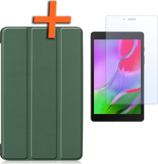 Samsung Galaxy Tab A 8.0 (2019) Cover Book Case Cover avec protecteur d'écran - Samsung Galaxy Tab A 8.0 (2019) Book Case avec verre de protection - Vert foncé