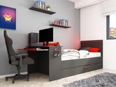 Gamer bed 2 x 90 x 200 - Met bureau - LED's - Antraciet en rood + Bedbodem - VOUANI L 242.8 cm x H 100.5 cm x D 98.7 cm