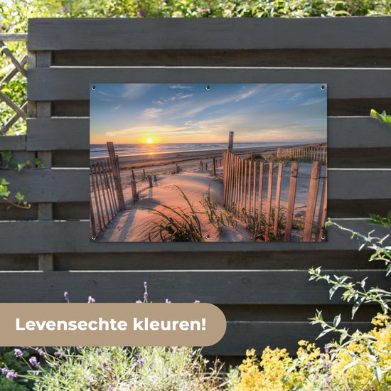 Tuinposter strand - Duin - Zonsondergang - Zee - Natuur - Landschap - Tuindoek - 120x80 cm - Tuindecoratie - Schuttingdoek - Schutting decoratie - Tuin - Tuinschilderij voor buiten - Buitenposter