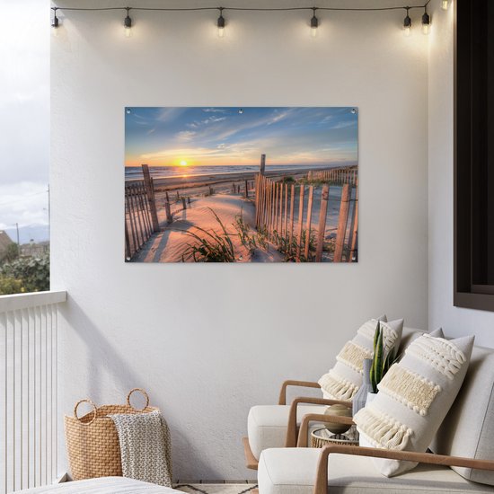 Tuinposter strand - Duin - Zonsondergang - Zee - Natuur - Landschap - Tuindoek - 120x80 cm - Tuindecoratie - Schuttingdoek - Schutting decoratie - Tuin - Tuinschilderij voor buiten - Buitenposter