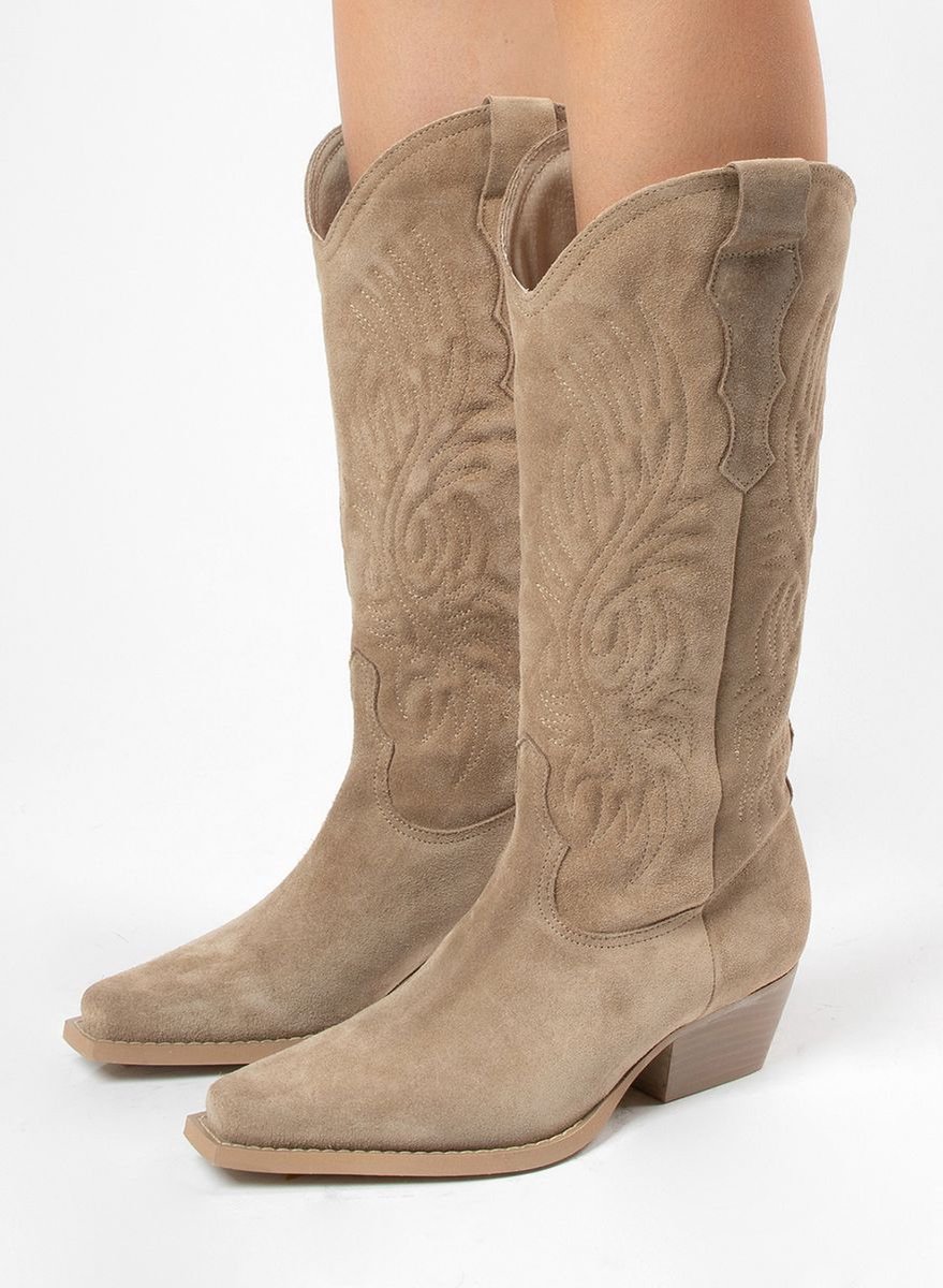 Sacha - Dames - Beige suède cowboylaarzen met stiksels - Maat 42