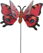 Metalen vlinder rood 11 x 70 cm op steker - Tuindecoratie vlinders - Dierenbeelden