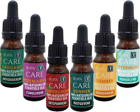 Zes flesjes Ropa Care 100% natuurlijke etherische olie: Oregano, Rozemarijn, Wintergroen, Denne, Gember en Pepermunt.