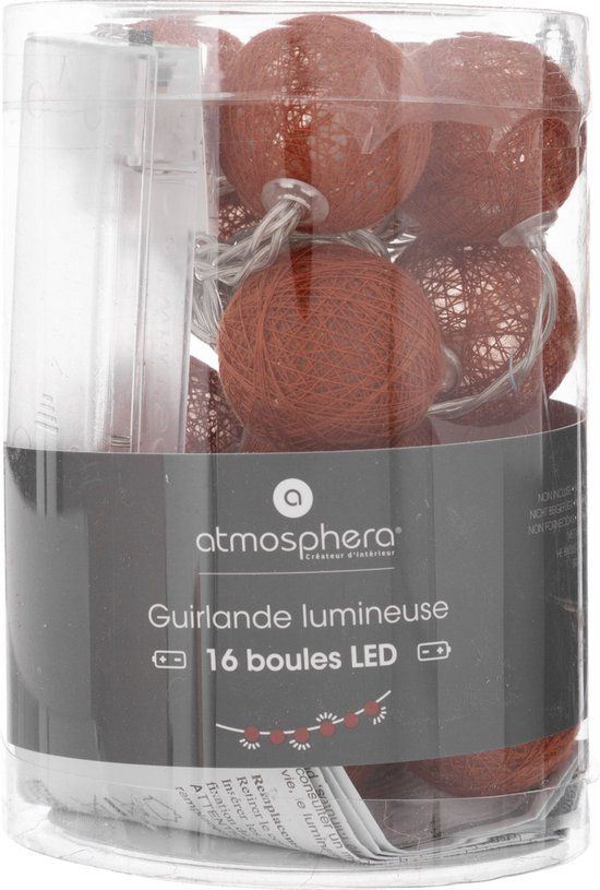 Guirlande lumineuse Atmosphera - 16 boules/sphères lumineuses 35 mm - terre cuite - 255 cm - piles