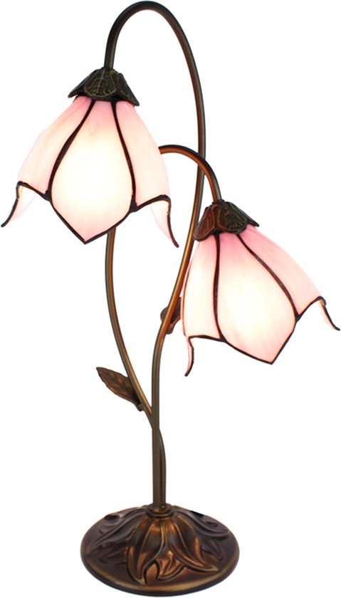 HAES DECO - Tiffany Tafellamp 35x18x61 cm Bruin Roze Kunststof Glas Tiffany Bureaulamp Tiffany Lampen Glas in Lood