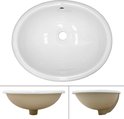 Lavabo blanc en céramique, ovale, avec drain argenté, vu de dessus, côté et dessous.