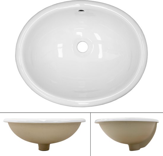 Lavabo blanc en céramique, ovale, avec drain argenté, vu de dessus, côté et dessous.