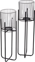 Windlicht op standaard met glazen inzetstuk, diameter 22 x 63 cm, kandelaar, voor binnen en buiten, metaal, vintage, roosterdesign, zwart
